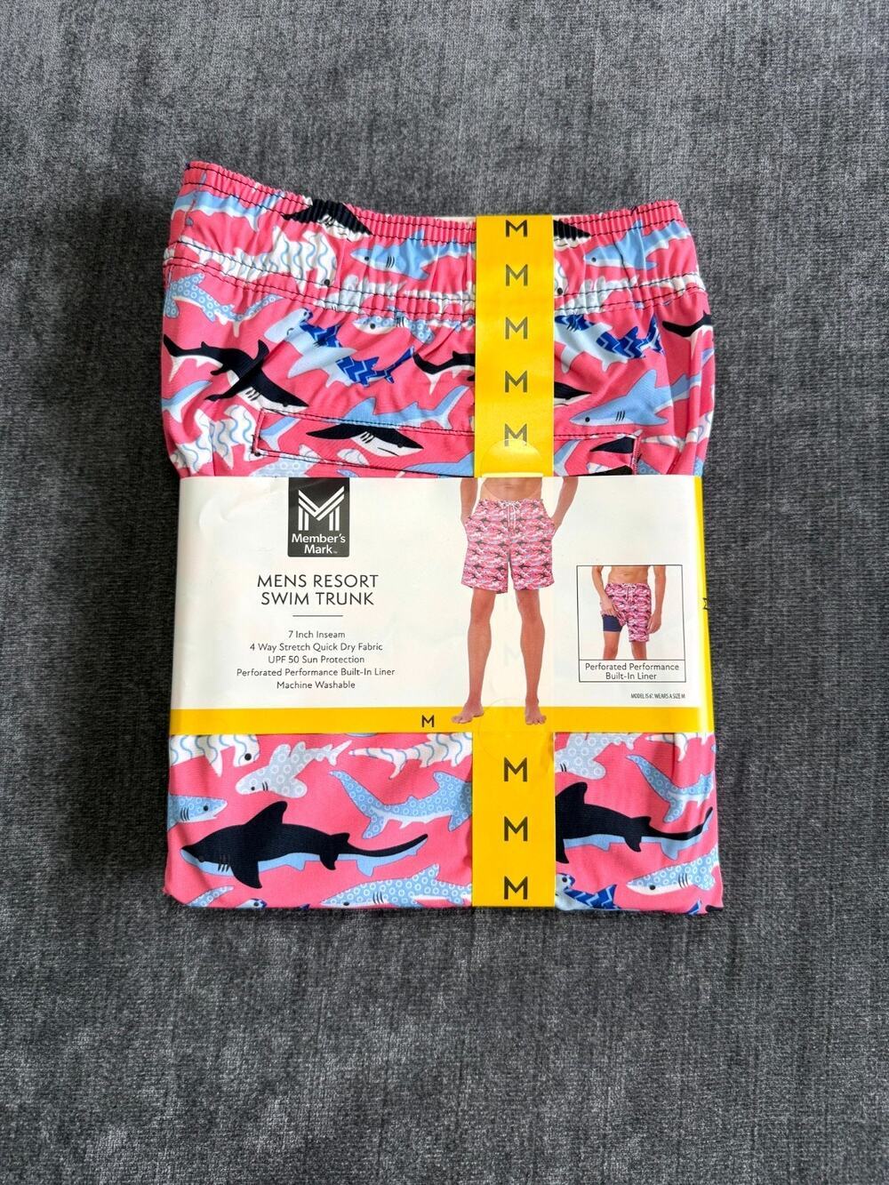 NWT Member's Mark Resort Swim Trunks Men's Medium Pink Fish Print UPF 50+ Lined